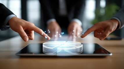 Two business professionals point at transparent hologram of pie chart on tablet during collaborative meeting. Bright, modern office setting with natural light - Powered by Adobe