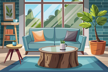 Fototapeta premium Modern living room with a table made of a tree trunk and a coffee table whose base is made of a tree trunk and topped with glass and a unique gray simple sofa. And a gray vase with a beautiful window 