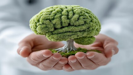 Green brain tree held in hands