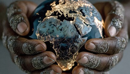 Earth globe held gently in weathered hands