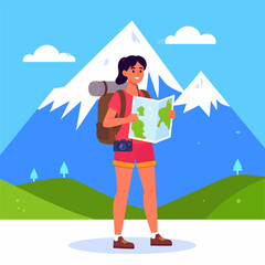 Fototapeta premium Smiling female hiker with backpack and map navigating a stunning mountain landscape, embodying the spirit of travel and exploration.