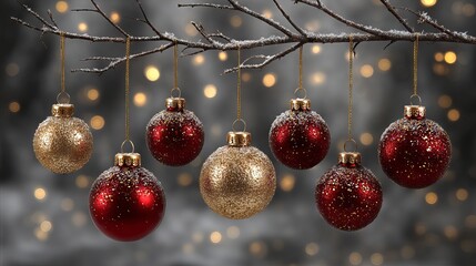 Sparkling red and gold glass baubles hanging from a rustic branch — elegant festive Christmas ornaments with warm fairy lights, soft bokeh, and pine greenery — winter holiday décor background