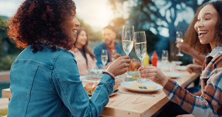 Women, cheers and champagne with lunch outdoor for conversation, bonding and social gathering. Thanksgiving celebration, people and happy together with alcohol for holiday reunion and weekend break