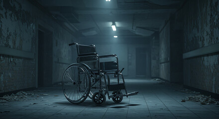 Obraz premium A lone wheelchair sits in a dark, abandoned hospital corridor.