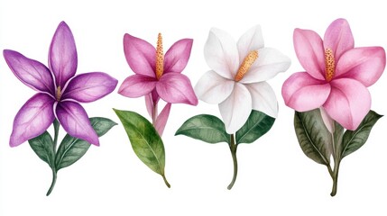 Obraz premium Delicate tropical blooms in watercolor, hand-drawn flowers with bright petals and leaves