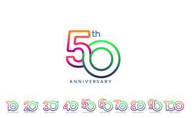 Modern and colorful anniversary linked circle round logo sets with vibrant gradient numbers and minimal text layout, for celebrating 10th to 100th anniversaries in corporate events, brands.