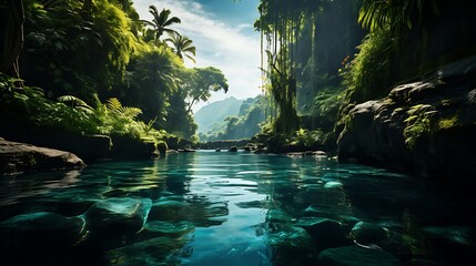 Crystal clear waterfall cascading in lush tropical jungle with wide foreground space for overlay, vibrant greenery, natural water flow, serene nature scene for design and creativity.