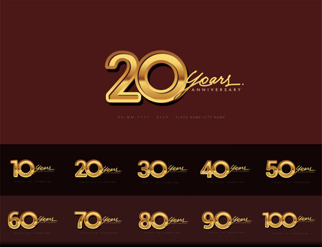 Anniversary logotype design with handwriting golden color includes 10th to 100th years for celebration event, wedding, greeting card, and invitation. Vector illustration.