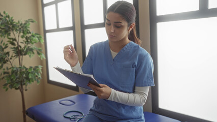 Woman in blue scrubs removes stethoscope then writes a medical report in a bright, well-lit clinic room with large windows and a potted plant nearby.