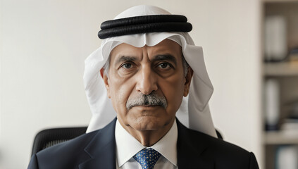 A business leader dressed in formal attire and headscarf sits in an office, focusing intently as he prepares for an important meeting with colleagues later in the day