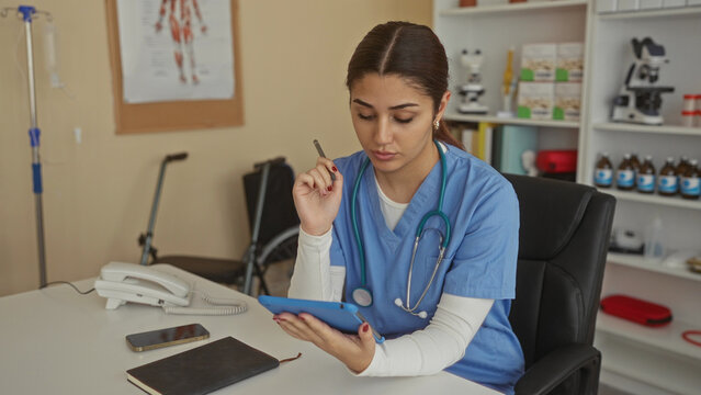 Woman doctor in blue scrubs using tablet in hospital office with medical equipment nearby, suggesting professional healthcare environment. - Powered by Adobe