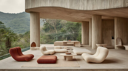 Modern architectural design outdoor lounge with lush greenery view