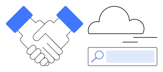 Handshake symbolizing partnership, alongside a cloud and search bar representing online interaction. Ideal for teamwork, networking, technology, collaboration, internet connectivity, digital