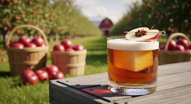 Applejack sour cocktail with an apple garnish in a beautiful autumn apple orchard on a farm