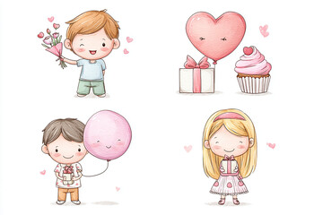 Vector cartoon illustration of a boy and girl with gift boxes and cake for Valentine's Day.