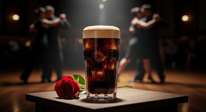 Argentinian fernet with cola and a red rose in a tango dance hall for a romantic evening