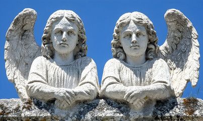 Pair of cherubic angel statues bright blue sky background