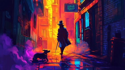 Man and dog in colorful city alley