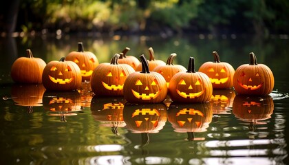 Fototapeta premium Pumpkins Floating on Water Glowing in the Dark for Festive Fall Season