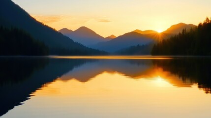 Obraz premium Early sunrise over tranquil alpine lake, golden light touching mountain ridges and still water