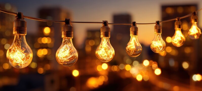 The glowing string lights illuminating an urban evening landscape. - Powered by Adobe