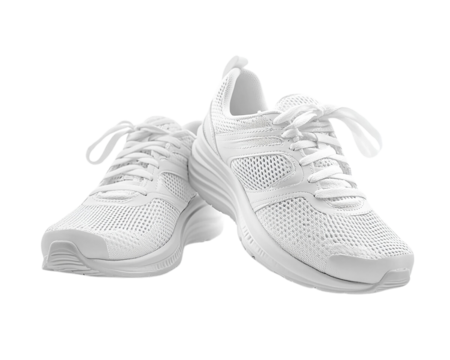 White sports shoes on black feature product. Clean studio lighting highlights athletic footwear. Great for advertising, banners, posters.