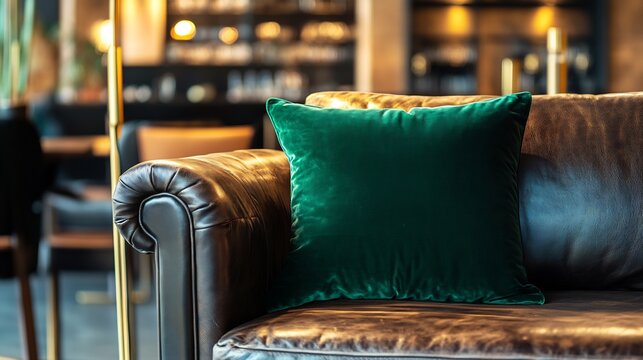 Luxurious velvet pillow in rich emerald green on a dark leather couch with brass decor accents in a modern industrial style room creating a sophisticated bold vibe