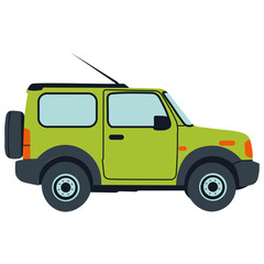 Illustration of a green jeep off-road vehicle, suitable for adventure, travel, outdoor, automotive, transportation, and exploration themes.