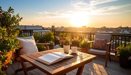 Fototapeta premium Reading Book on Rooftop Terrace at Sunset with City View