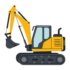 Yellow excavator construction vehicle illustration, heavy equipment design for building, industrial, engineering, machinery, and construction themes.