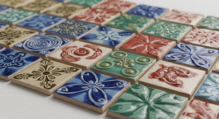 彩釉タイル 鮮やか模様 手描き風 温かみ感じる質感. AI Generated