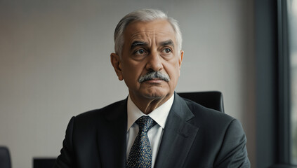 A senior businessman with gray hair and a distinguished appearance sits at a conference table in a stylish office. He looks thoughtfully out the window, reflecting on a discussion