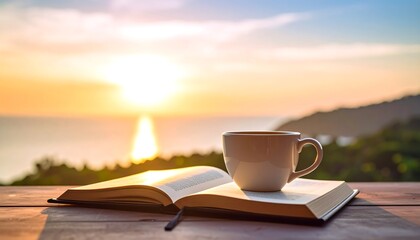 Reading Open Book with Coffee Cup at Sunrise by the Sea