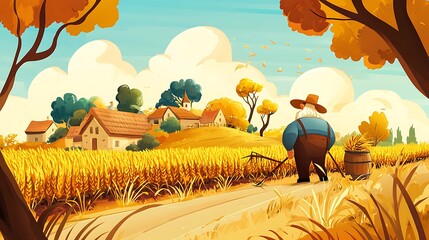 Man harvesting wheat in a sunny rural landscape