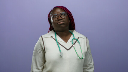 Woman with stethoscope against purple background stands confidently in isolated setting highlighting her profession and expression of contemplation.
