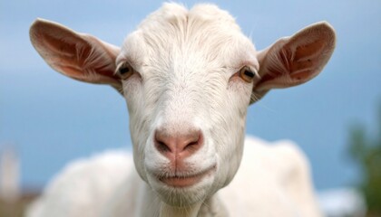Close-Up Portrait of a White Goat Against Blue Sky Background