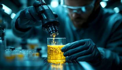 Scientist conducting experiment pouring yellow liquid into beaker