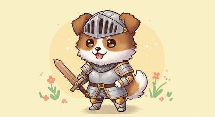 勇敢な騎士犬 輝く甲冑 優しい光彩 春の草原. AI Generated