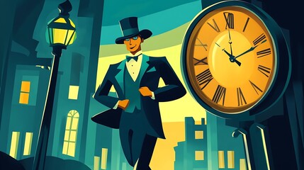 Man in formal attire running through city street at twilight with clock