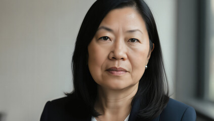 A serious woman with long dark hair and a black blazer sits in a well-lit office space. She gazes directly at the camera, conveying confidence and professionalism