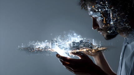 Man holding a city hologram with city overlayed on his head and shoulders in a studio setting
