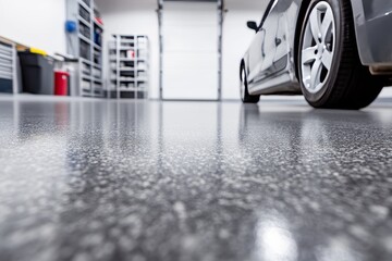 A modern garage or industrial space features a durable and reflective surface with smooth and shiny epoxy resin floor coating