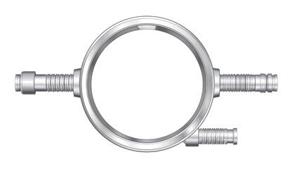 Technical drawing of circular metallic component with extensions