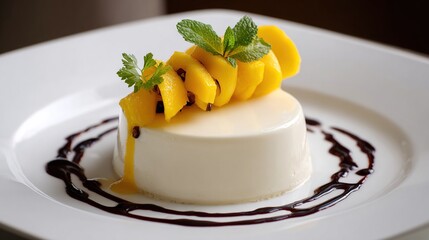 A creamy white dessert is topped with mango slices and mint, drizzled with chocolate on a white plate