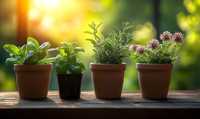 Fototapeta premium Potted herbs and flowers in warm sunlight