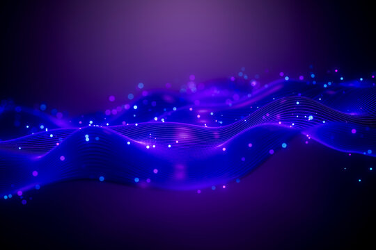 Abstract neon 3D waves with data streaming technology background