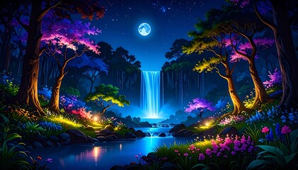 Night Waterfall Fantasy Forest Scene