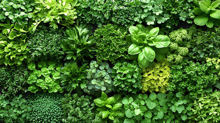 Vibrant green herb wall background lush texture fresh culinary herbs