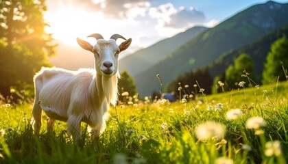 Obraz premium White Goat Standing in Sunny Mountain Meadow with Wildflowers