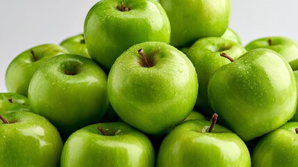 Crisp green apples glistening with water droplets perfect for healthy eating campaigns and juice bar menus